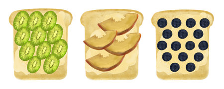 Set of hand drawn watercolor food illustrations. Toast with ripe fruits, pieces of kiwi, peach, berries, figs, blueberries. flat eco food illustrationの写真素材