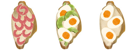 Set of watercolor flat food illustrations, hand drawn croissants with avocado, egg, shrimp. Healthy eating, breakfast, bruschetta sandwich. toastの写真素材