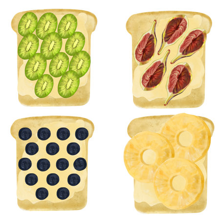 Set of watercolor food illustration, hand drawn. Toast with ripe fruits, pieces of kiwi, pineapple, berries, figs, blueberries. flat food illustrationの写真素材