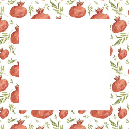 Watercolor frame of pomegranates and branches. Pomegranate frame of ripe red fruits, pomegranate tree. Botanical illustration hand drawnの写真素材