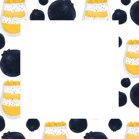 Watercolor frame with food. Tropical smoothie with watercolor drawing in a glass glass with mango and blueberries, mango smoothie, healthy eatingの写真素材