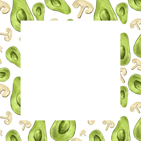 Watercolor frame with food, avocado and champignons. Hand drawn pattern with green ripe avocados, slices and mushroomsの写真素材