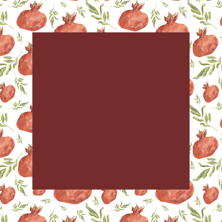 Watercolor frame of pomegranates and branches. Pomegranate frame of ripe red fruits, pomegranate tree. Botanical illustration hand drawnの写真素材