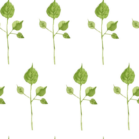 Watercolor pattern with twigs, simple botanical print of decorative branch. Botanical hand drawn illustration on white background for textileの写真素材