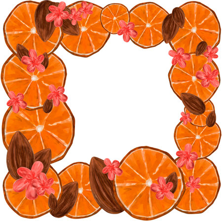 Square frame of orange fruits with almonds, almond flowers. Orange slices, blossoming almonds, hand drawn, botanical frame, citrus fruitsの写真素材