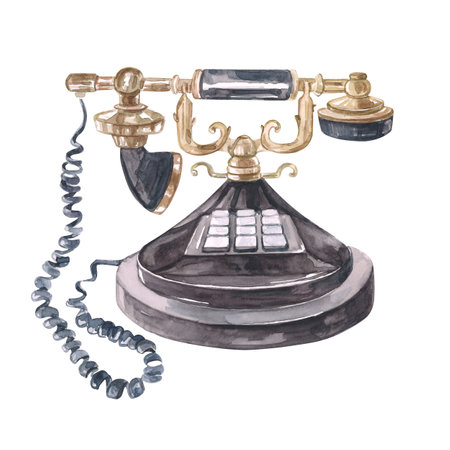 Watercolor vintage telephone with wire, hand drawn. Black classic vintage telephone with a disk for postcards, printing, advertising.の写真素材