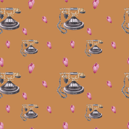 Watercolor drawing with vintage telephones and vintage watercolor magnolia flowers. Retro pattern drawn by handの写真素材