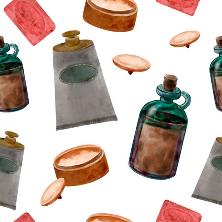 Vintage pattern with gold powder compact, powder puff, cream, glass vial, hand drawn in watercolor in retro style. Vintage print with cosmeticsの写真素材