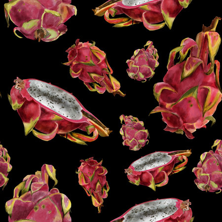 Pitaya pattern, pink dragon fruit. Exotic tropical ripe fruit, slices and whole, hand drawn watercolor pattern in realistic style.の写真素材