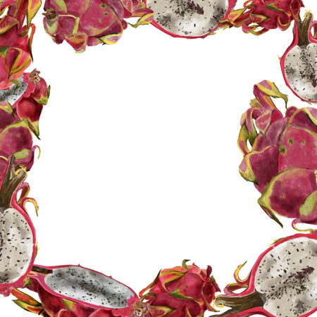 Pitaya frame, pink dragon fruit. Exotic tropical ripe fruits, slices and whole, hand drawn watercolor painting in realistic style. Exotic fruitsの写真素材