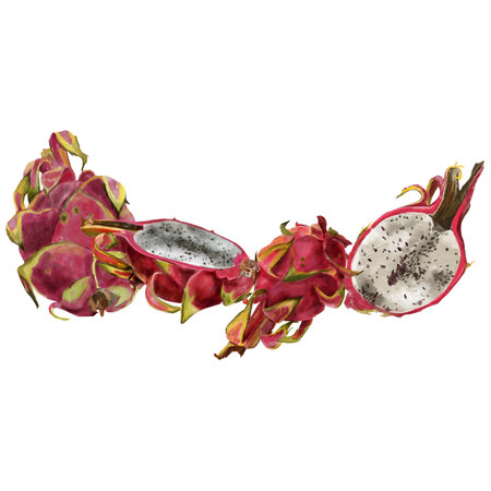 Composition with pink dragon fruit, pitaya. Exotic tropical ripe fruits, slices and whole, hand drawn watercolor painting in realistic styleの写真素材