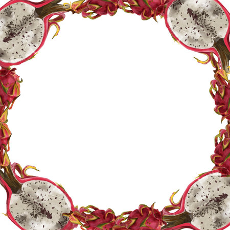 Pitaya frame, pink dragon fruit. Exotic tropical ripe fruits, slices and whole, hand drawn watercolor painting in realistic style. Exotic fruitsの写真素材