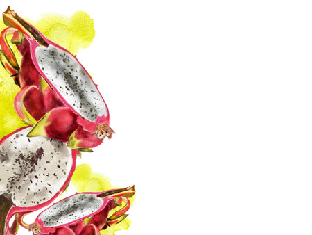 Pitaya slices, watercolor stain. Hand drawn watercolor illustration of ripe exotic dragon fruit for background, card, designの写真素材
