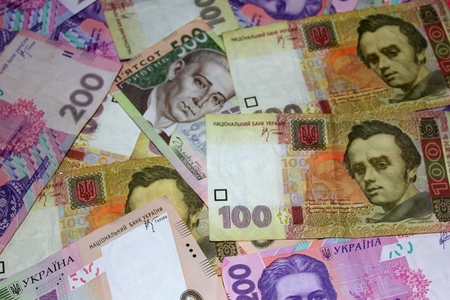 lot of bills of Ukrainian hryvniasの写真素材