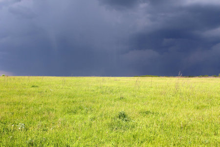 Dark storm clouds over a green meadowの写真素材