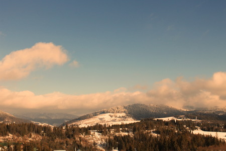 Winter Carpathian mountains. Retro and vintage styleの写真素材