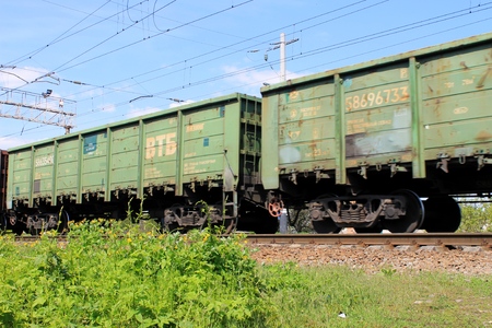 KREMENCHUG, UKRAINE - MAY 2, 2016: Freight trainのeditorial素材