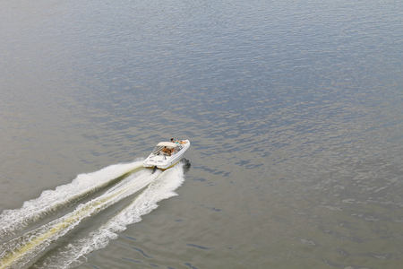 Aerial view of motorboat on the river Dnieperの写真素材