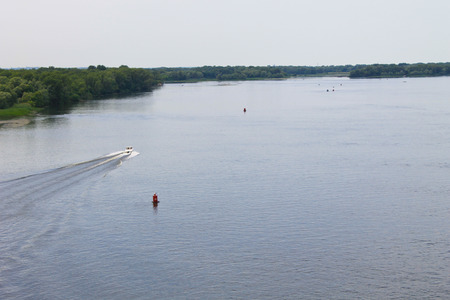Aerial view of motorboat on the river Dnieper