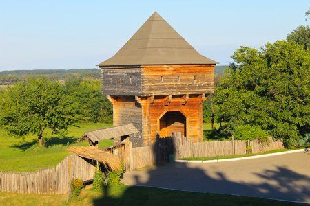 Old wooden watchtower in Subotiv village, Ukraineの写真素材