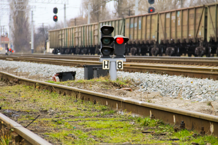 Red semaphore signal on the railwayの写真素材