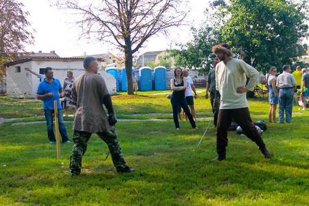 Myrhorod, Ukraine - August 20, 2016: Battle on swords on festival of blacksmiths