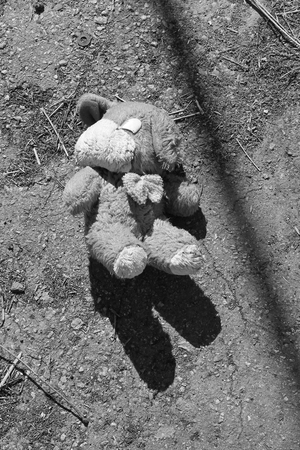 Abandoned dog doll on the pavement. Black-white tone