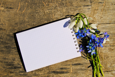 Bouquet of first spring flowers and blank notepad on rustic wooden backgroundの写真素材