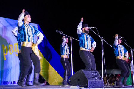 Genichesk, Ukraine - August 26, 2017: Dancers in turkish traditional clothing perform on stage during Festival of National Cultures Tavriyska rodyna (Tavria Family)のeditorial素材