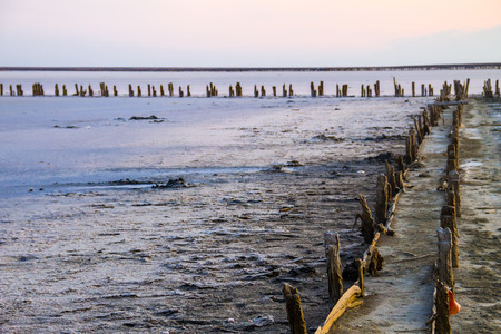 Pink salty Siwash Lake, colored by microalgae, famous for antioxidant properties, enriching water by beta-caroteneの写真素材