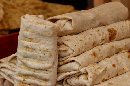 Close-up of wrap sandwiches. Shawarma or kebab rolls in pitta breadの写真素材
