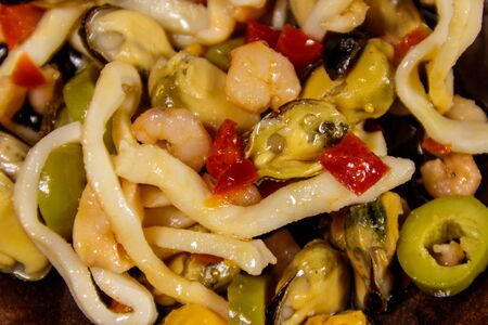Close-up of seafood salad with shrimp, squid and musselsの写真素材