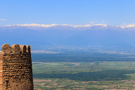 View on Alazani valley and tower of old city wall in city Sighnaghi, Kakheti, Georgia