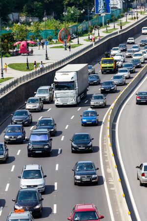 Kiev, Ukraine - July 28, 2018: Traffic cars on the multi lane highway during rush hourのeditorial素材