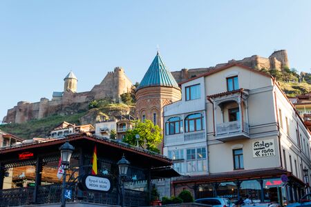 Tbilisi, Georgia - May 1, 2018: Vakhtang Gorgasali square is famous for its numerous cafes, souvenir stores and the view on Narikala fortress and old quarters of Sololaki hillのeditorial素材