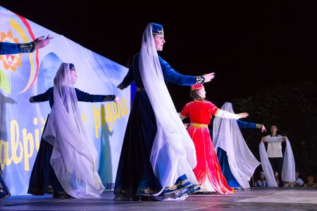 Genichesk, Ukraine - August 26, 2017: Dancers in turkish traditional clothing perform on stage during Festival of National Cultures Tavriyska rodyna (Tavria Family)のeditorial素材