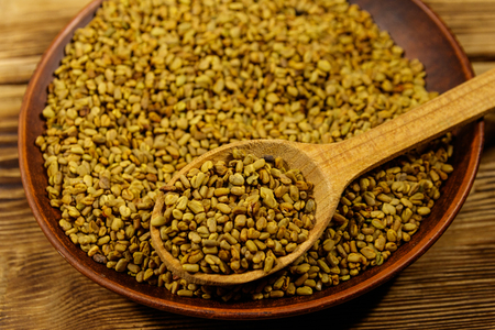Fenugreek seeds in ceramic plate on wooden tableの写真素材