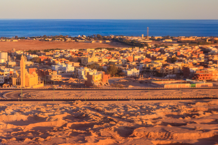 Aerial view on Red sea and Hurghada city, Egypt. View from airplaneの写真素材