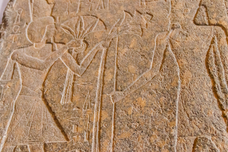 Ancient egyptian paintings and hieroglyphs carved on the stone wall