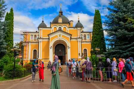 Moscow, Russia - August 15, 2019: Intercession (Pokrovsky) Convent  full of pilgrims in Moscow,...