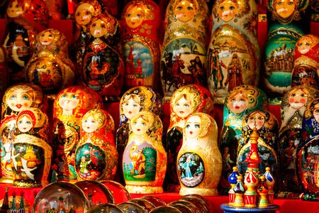 Traditional souvenirs from Russia - colorful nesting dolls, also known as matryoshka, babushka, stacking dolls, or Russian dollsの写真素材