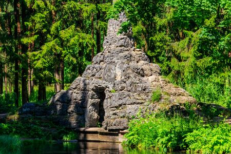 Dam with Cascade and Tuff Grotto in Catherine park at Tsarskoye Selo in Pushkin, Russiaの写真素材