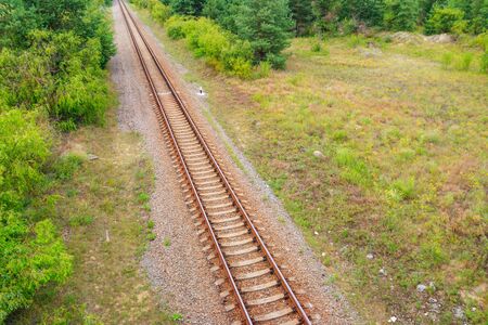 Aerial view of railroad track through a green pine forestの写真素材