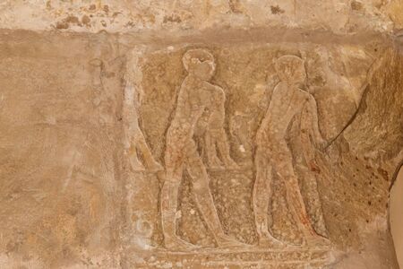 Ancient egyptian paintings and hieroglyphs carved on the stone wallの写真素材