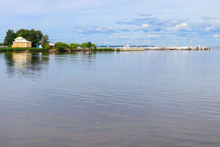 Hydrofoil boats moored at the open coast of Gulf of Finland, in Peterhof (suburb of St. Petersburg), Russiaの写真素材