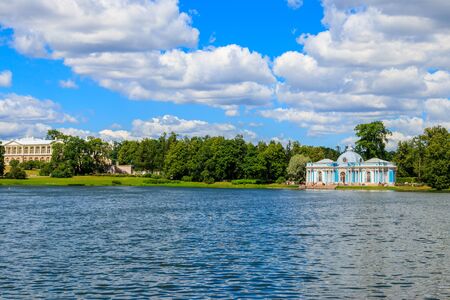 Grotto pavilion and Cameron gallery on a shore of Big Pond in Catherine park at Tsarskoye Selo in Pushkin, Russiaの写真素材