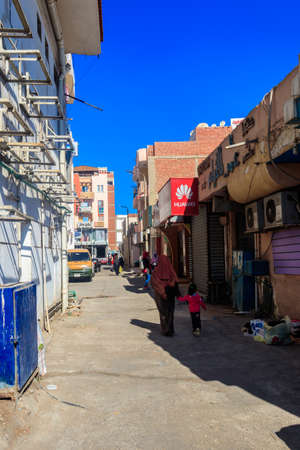 Hurghada, Egypt - December 9, 2018: Narrow street in Dahar neighborhood (old town of Hurghada) in Egyptのeditorial素材