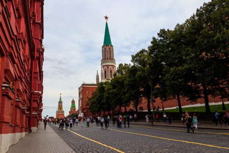 Moscow, Russia - August 15, 2019: Towers of Moscow Kremlin and Kremlin wall in a centre of Moscow, Russiaのeditorial素材