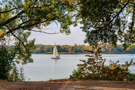 Yachts at sailing regatta on the Dnieper river in Kremenchug, Ukraineの写真素材