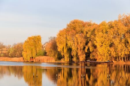 View on a beautiful lake at autumnの写真素材